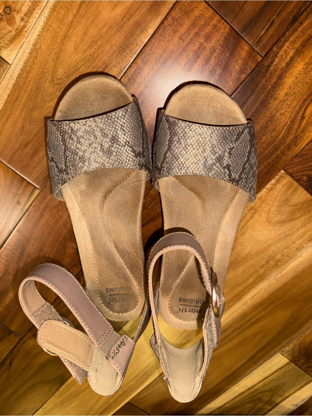 Earth Origins Bronze/grey Snake-Print Slide Sandals with Ankle Strap
